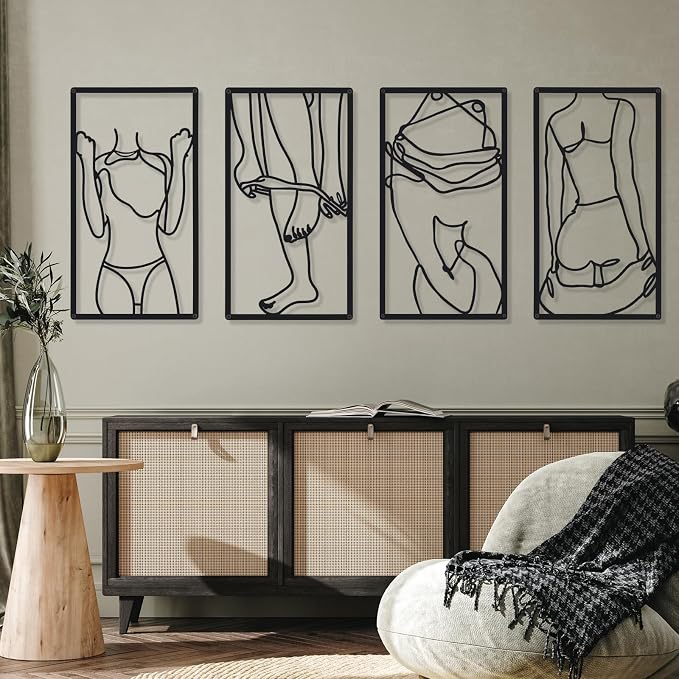 Cindeer 4 Pcs Metal Wall Art Decor Minimalist Abstract Woman Wall Art Line Drawing metal line art Home Hanging Art Decor for Bedroom Kitchen Bathroom Living Room(Classic,Black)
