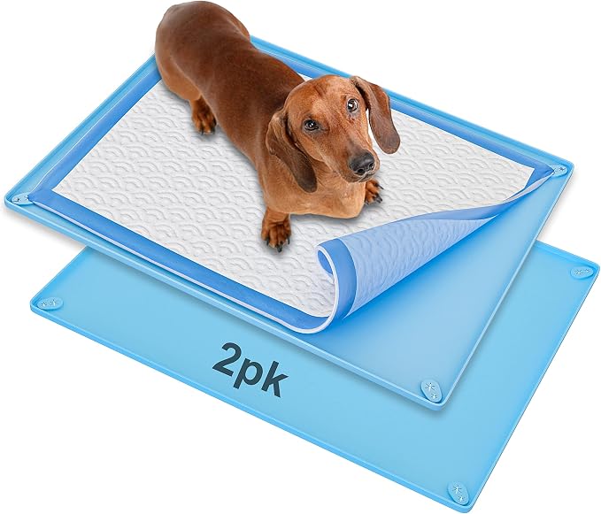 Skywin Dog Pee Pad Holder Tray Fits for 30” x 23” Pee Pads - 2 Pack - Blue | Corner Lock Holes, Raised Edges, Non-Spill, Easy to Clean Silicone Dog Potty Tray Holder, For Indoor Floor Protection