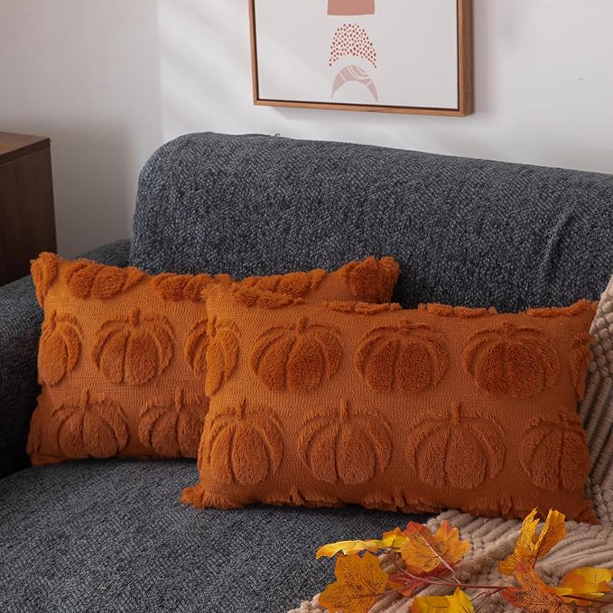 DFXSZ Fall Pillow Covers 12x20 2Pcs Rust Pumpkin Fall Decorations for Home | Fall decor Set of 2 Throw Pillow Cases Soft Plush Faux Fur Wool Couch Cushion for Chair Sofa Bedroom Living Room Home Decor