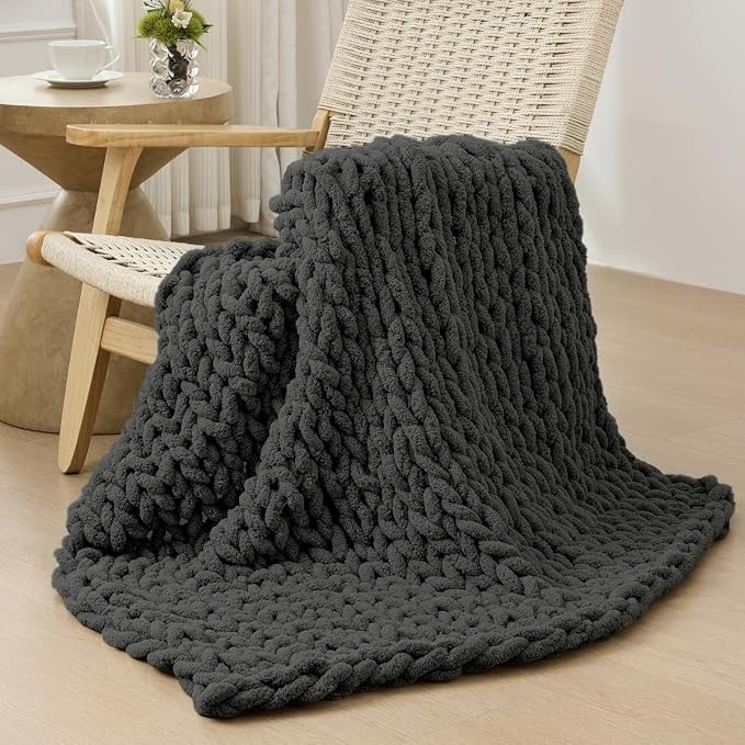 Bigacogo Chunky Knit Throw Blanket for Couch, 40x40 inches, Dark Grey | Hand Knit with Jumbo Chenille, Soft Breathable Cable Knit for Sofa Bed Living Room, Machine Washable, Gift for Mom Friend
