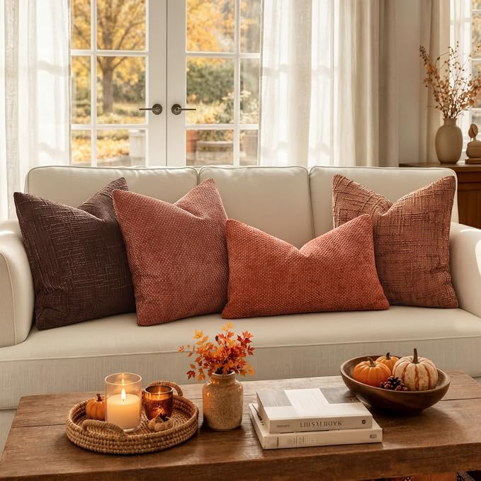 MIULEE Chenille Textured Fall Euro Throw Pillow Covers Burnt Orange 22x22 | Set of 2, Slubby Decorative Pillows, Boho Farmhouse Home Decor, Modern Neutral Cushion Covers for Couch Sofa Bed Living Room
