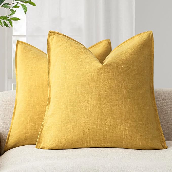 Foindtower Pack of 2, Decorative Linen Solid Throw Pillow Covers Soft Accent Euro Cushion Case Boho Farmhouse Pillowcase for Chair Couch Sofa Bedroom Living Room Home Decor 18 x 18 Inch Ginger Yellow