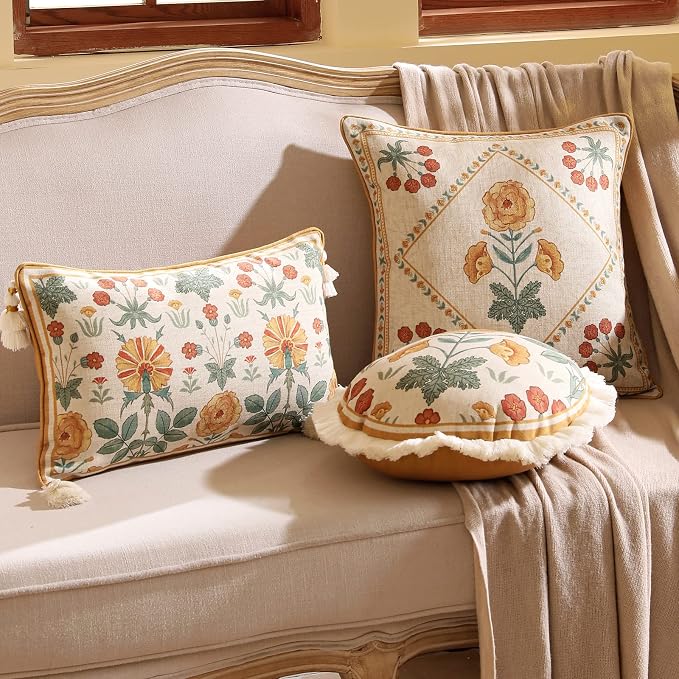 patdrea French Vintage Linen Throw Pillow Cover,18"x18"-RosaSilvestre B | Decorative Pillow Case with Zipper,Yellow Floral Pattern,Cushion Coverfor Couch Living Room Bedroom Sofa