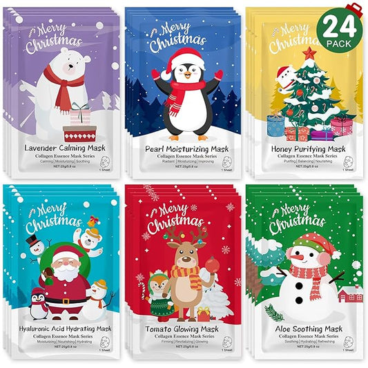 24 Pack Christmas Facial Masks for Stocking Stuffers, Hydrating Sheet Face Masks Skincare, Bulk Facial Masks Set for Women Skin Care, Christmas Gifts for Women