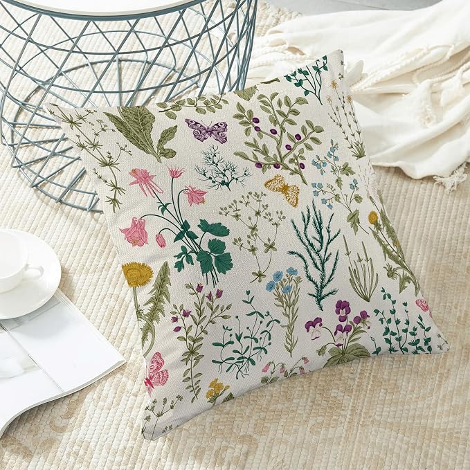 AEIOAE Spring Pillow Covers 20x20 Inch Set of 2,Sage Green Teal Wild Flower Plant Throw Pillows Case,Seasonal Floral Outdoor Decorative Linen Farmhouse Decor Cushion Covers for Home Sofa Bed Couch