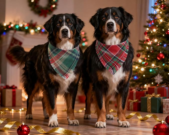 2PCS Christmas Dog Bandanas Plaid Two-Sided with Tassels,Holiday Scarf,Stylish Triangle Dog Outfit for Boy and Girl,Winter Christmas Classic Red-Green Plaid Pet Scarf for Medium to Large Dogs