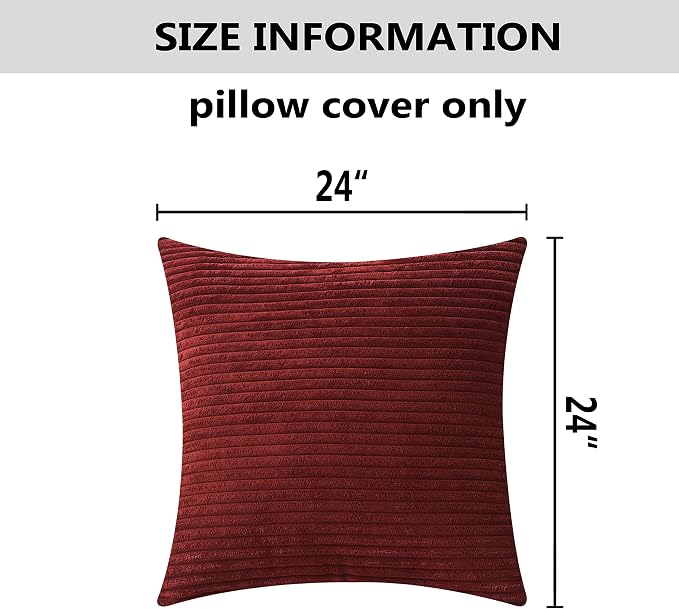Home Brilliant Pillow Cover 24x24 Striped Corduroy Textured Plush Velvet Euro Sham Dark Red Pillow Cover for Sofa, 24 x 24 inch, Burgundy