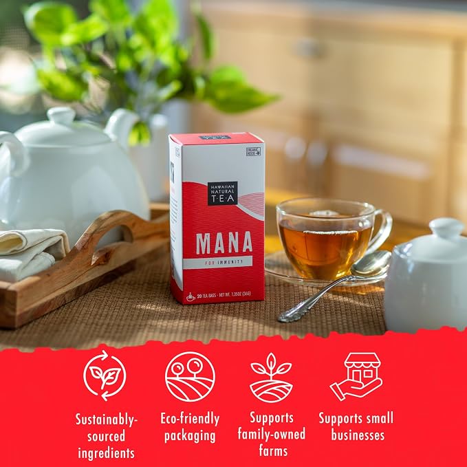 Mana Hibiscus Herbal Black Tea - All Natural Wellness Tea, Refreshing, Uplifting and Energizing with Cinnamon & Mint - Supports Immune Health 20 Bags