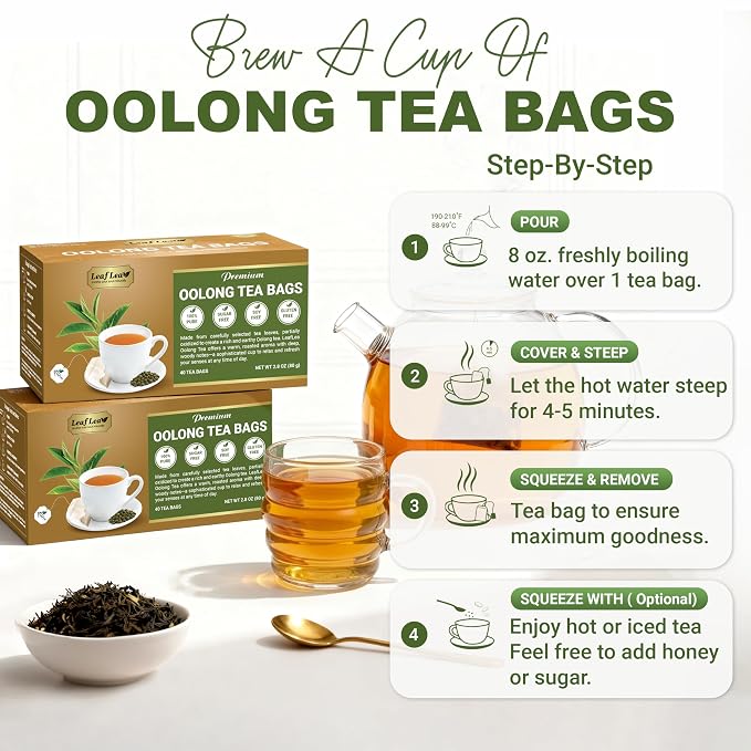 LeafLea Oolong Tea Bags, 100% Pure Leaves, Smooth Toasted Notes, Sugar-Free | 40 Te Oolong Bags, Whole Camellia Sinensis Leaves, Golden Amber Cup, Light Roast Aroma, Caffeinated, Individually Wrapped