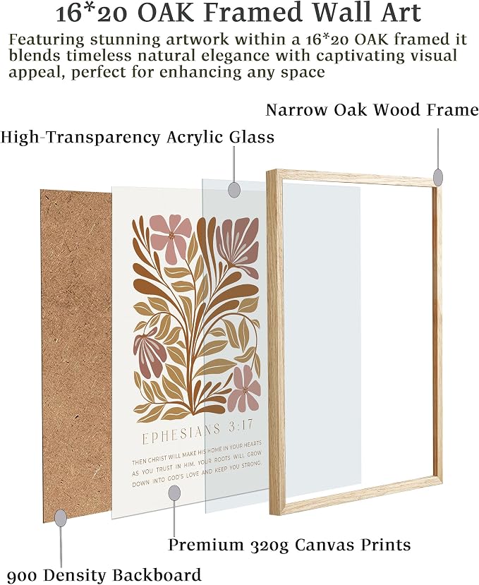 EcoHest 16x20 in Ephesians 3:17 Abstract Floral Framed Christian Wall Art | Solid Oak Wood Frame with Canvas Wall Art, Scripture Bible Verse Wall Decor for Bedroom, Living Room, Office, Church, 1Pack