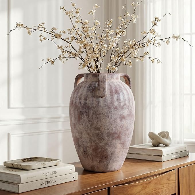 Ceramic Flower Vase with Handles, 8.86 inch Tall Ceramic Vase Home Decor Vintage Terracotta Rustic Unique Vase for Bouquet Pottery Barn Decor Large Vases Living Room Bathroom Modern Farmhouse