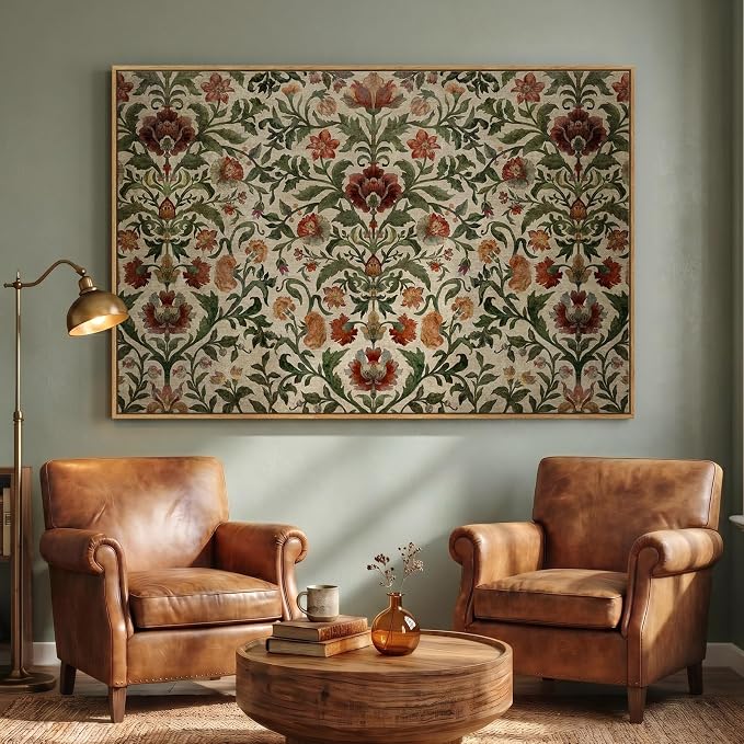 Extra Large Framed William Morris Style Wall Art for Living Room, Oversized Vintage Floral Canvas Prints Artwork for Walls, Horizontal Retro Rustic Painting Hallway Dining Room Wall Decor, 72x48 Inch
