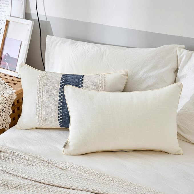 Lumbar Throw Pillow Covers Set of 1 (Beige & Blue, 12x20 Inch) | Linen Cotton Soft Cozy, Decorative Sofa Couch Pillow Cases, Textured Woven Single Striped, Boho Sytle for Living Room