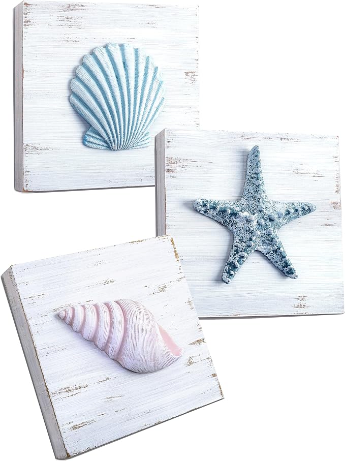 Tide and Tales 3D Beach Wall Art, Coastal Bathroom Wall Decor, Set of 3 | 6" x 6", Textured 3D Seashells Room Decor, Lightweight, Hand Painted, Beach Decorations for Home, Hanging Ready, Gift Boxed