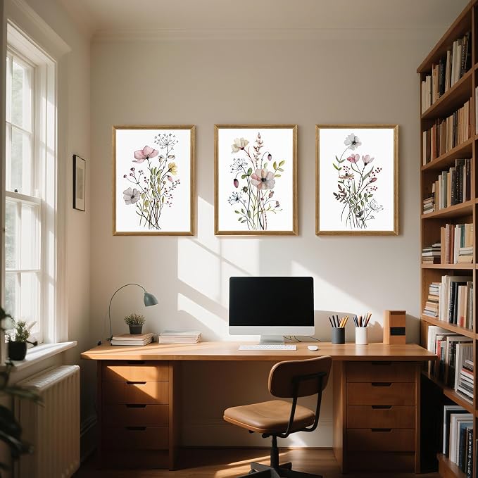 WRFON Framed Botanical Canvas Wall Art Set of 3, Watercolor Floral Prints, Framed Flower Wall Decor for Bedroom Bathroom Living Room, 12x16 Inch Each