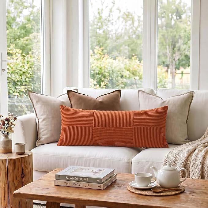 Fancy Homi Set of 1 Burnt Orange Boho Long Lumbar Body Decorative Throw Pillow Cover 14x36 Inch for Bed Couch Bedroom Bench, Soft Patchwork Corduroy Textured Pillow Case, Rustic Farmhouse Room Decor