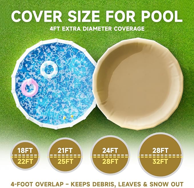 [Upgraded] 18ft/21ft/24ft/28ft Round Winter Pool Covers for Above Ground Pool Cover 28FT Cover 4FT Overlap - 500D Windproof with Steel Cable & Heavy Duty Winch - Swimming Pool Winter Cover Beige