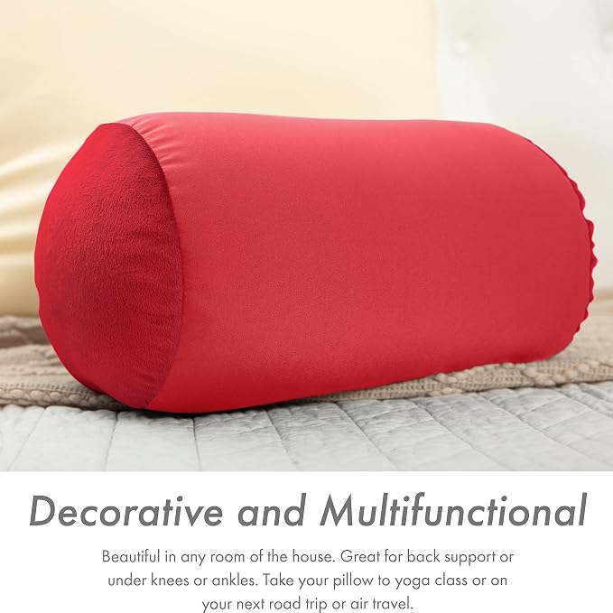 PILLOWY Microbead Bolster Neck Roll Pillow, Gently On Body, Head, Neck & Shoulders No Pain Rest, Relax Sleep - Silky Feel Prevent Wrinkles & Hair Breakage - Lightweight Cylinder, 14" x 8", Deep Red