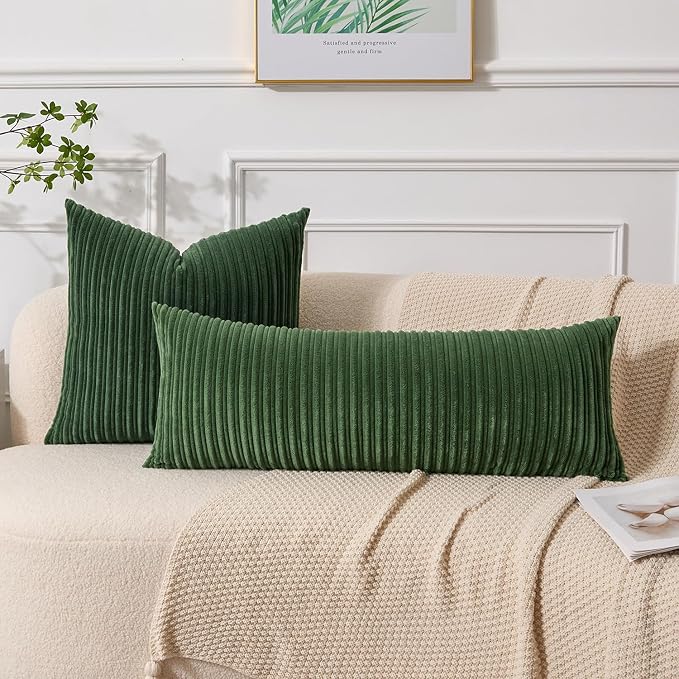 UGASA 14x36 Inch Pillow Cover Pack of 1 Soft Boho Stripe Corduroy Large Long Rectangular Lumbar Cushion Cover Farmhouse Decorative Throw Pillowcase for Bed Couch Sofa Bedroom Living Room, Moss Green