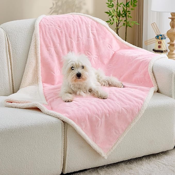 Pet Blankets for Cats - Waterproof Cat Blanket Washable - Sherpa Fleece Puppy Blanket, Soft Plush Reversible Throw Protector for Bed Couch Car Sofa, 25"X30", Pink Bows
