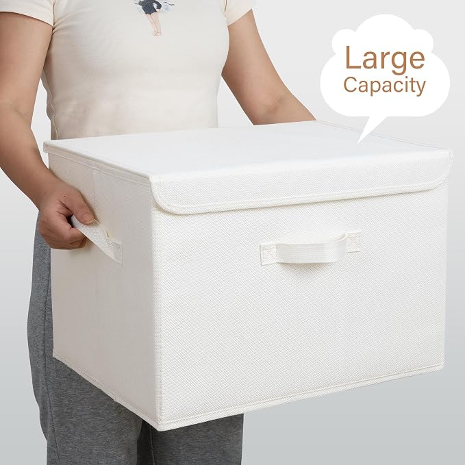 GRANNY SAYS Memory Keepsake Storage Box, Fabric Storage Bins with Lids | Flip-Top Lid, Collapsible, Stackable, 3 Handles, Ideal for Closet Clothes Blanket Toys, Extra Large, Ivory White, 2-Pack