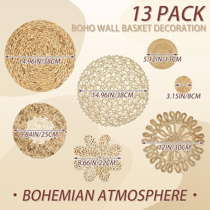 Glenmal 13 Pcs Boho Wall Basket Decor Set Woven Rattan Seagrass,Plain | Handmade Flat Baskets for Bedroom Living Room Office, Wicker Bamboo Seagrass Hanging Art, Farmhouse Gallery Ready to Hang