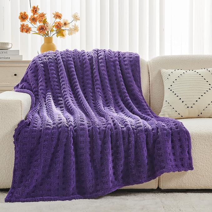 NEWCOSPLAY 3D Waffle Checkered Flannel Throw Blanket, Dark Purple, 50"x70" | Super Soft Cute Lightweight Decorative Premium Silky Fleece Blanket for Couch Sofa Bed, Gift for Women Men, All Season Use