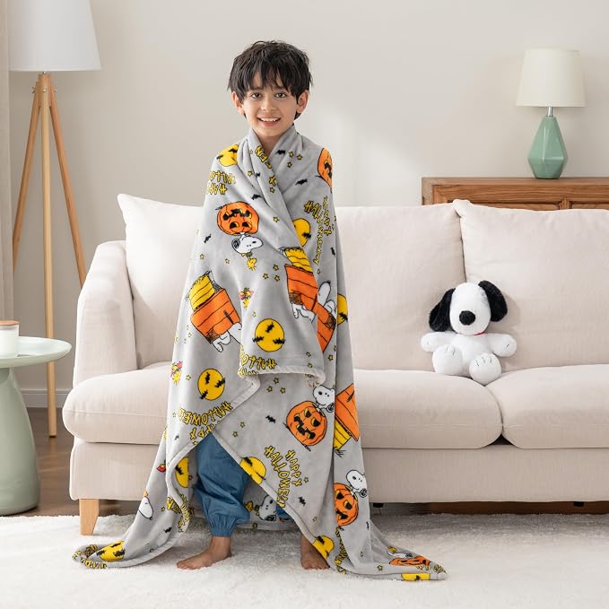 Berkshire Blanket Peanuts® VelvetLoft® Cute Character Snoopy Plush Oversized Throw Blanket, Peanuts Snoopy and Woodstock Happy Halloween Spooky Chateau Grey (50in x 60in)