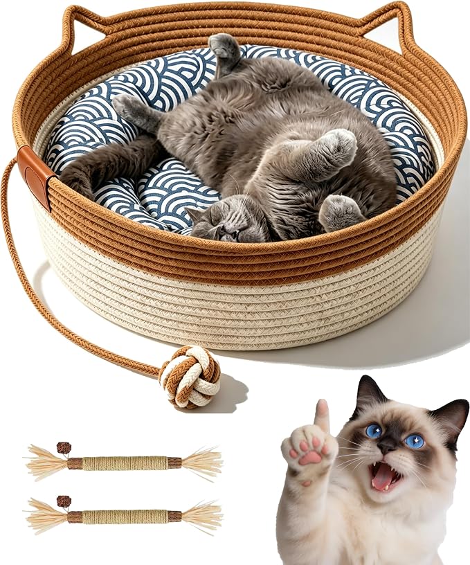 Instinct Basket for Cats,Cat Basket Bed with Cushion & Hanging Ball Toy,Handwoven Cotton Rope Cat Basket (Orange+Mat+Pillow,L(up to 27Lb))