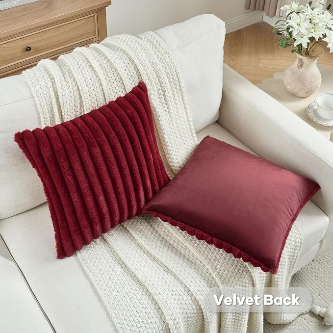 FUTEI Pack of 2 Faux Fur Throw Pillow Covers 22x22 Inch, Burgundy | Fluffy Faux Rabbit Fur Front/Premium Velvet Back,Hidden Zipper,Machine Washable,Non-Shedding,Colorfast,Insert Not Included.