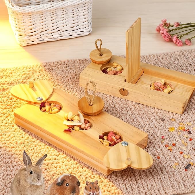 2 Pack Guinea Pig Foraging Toys, Guinea Pig Enrichment Toys Wooden Interactive Bunny Puzzle Toys, Small Animals Hide Treats Dispenser for Hamster, Rabbits, Bunny, Chinchillas