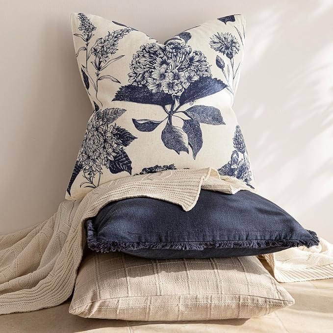 Foindtower Set of 2 Linen Floral Vintage Throw Pillow Covers Neutral Accent Print Decorative Cozy Cushion Covers Farmhouse Boho Home Decor for Sofa Chair Couch Bed Living Room,22×22 Inch,Navy Blue