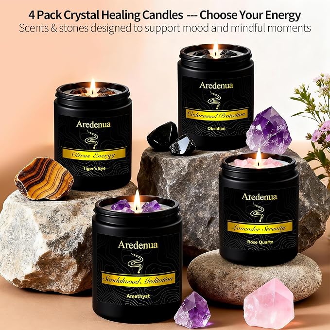 Candle for Meditation and Spiritual Practice - Sandalwood Aromatherapy Candle with Amethyst Healing Crystal, Natural Soy Wax Scented Candle for Yoga Mindfulness, 7oz Long Lasting, Zen Gift