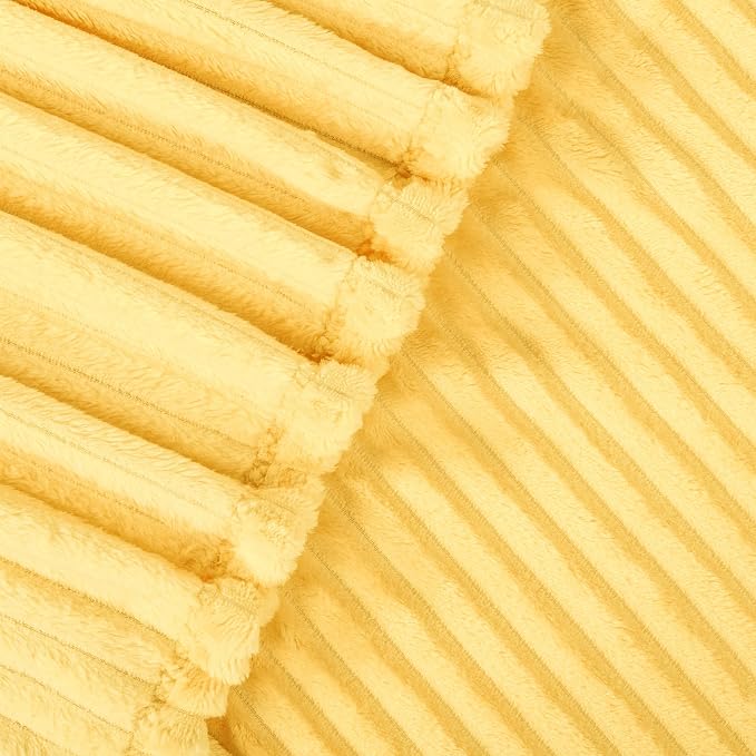 Vessia Flannel Fleece Throw Blanket, 300GSM Cozy Light Yellow Striped Throw Blanket for Couch, Sofa and Bed, Warm and Soft Cozy Pale Yellow Microfiber Ribbed Decor for All Season