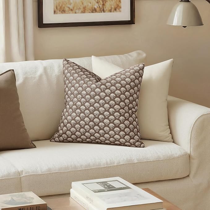 MIULEE Fall Floral Print Decorative Pillow Covers 18x18, Chocolate Brown | Vintage Boho Farmhouse Modern Home Decor, Set of 2, Block Print Cushion Covers for Couch Sofa Bed Living Room