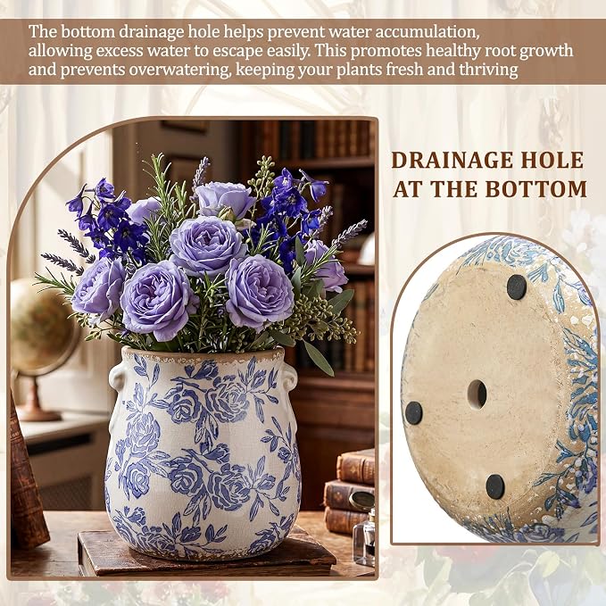 Ceramic Scroll Planter 6.5 Inch Chinoiserie Floral Vase with Drainage Holes Vintage Flower Vase Flower Pot Rustic Ceramic Pots for Indoor Plants Garden Home Bookshelf Decor (Blue)
