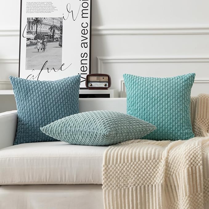 Kevin Textile Soft Corduroy 14"x24" Lumbar Pillow Cover 1 Pack, Aqua Green | Boho Stripe Plush Corduroy Decorative Oblong Cushion Cover Modern Farmhouse Home Decor for Sofa Couch Bed Chair