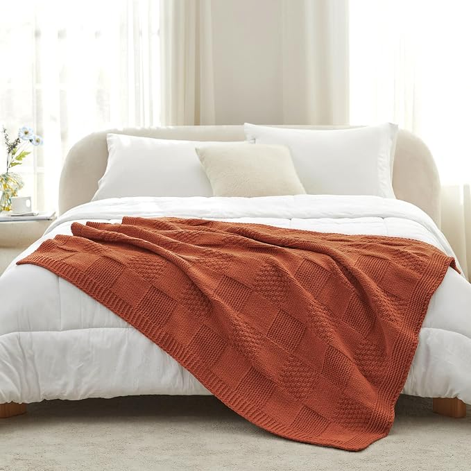Knit Throw Blanket, Soft Chenille Cozy Breathable Checkered Chunky Decorative Blanket for Couch, Bed & Sofa, French-Inspired Lightweight Warm Gift for Women, Orange, 50"x60"