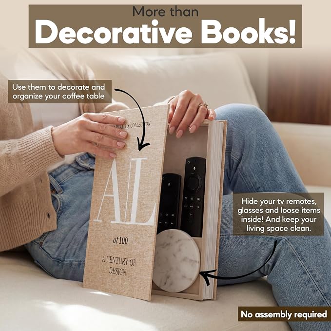 Decorative Books for Home Decor with Storage – Set of 2 Faux Linen Book Boxes with Aesthetic Covers – Enhance Your Coffee Table, Bookshelf Decor – Hidden Storage for Photos, Keepsakes, and Jewelry