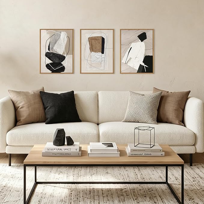 ANHUIB Neutral Abstract Wall Art Canvas,Black Beige Artwork, Modern Textured Framed Wall Art, Minimalist Geometric Painting,16x12Inches Set of 3 for Living Room Bedroom