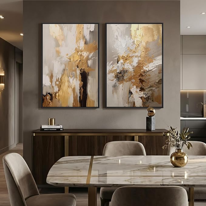Framed Modern Luxury Brown Gold Abstract Wall Art for Living Room, 24x36 In | 2 Piece, Canvas prints, Brown gold paintings, Wood framed, Elegant luxury pictures, Dining room bedroom wall decor