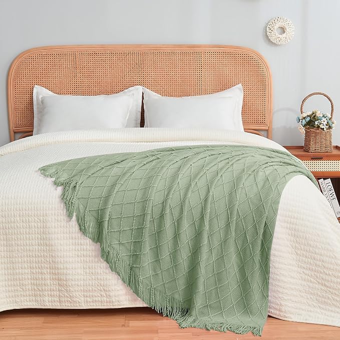 inhand Basil Green Knitted Throw Blanket for Couch and Bed, 60"x80" | Throws for Her or Him, Soft Farmhouse Woven Blanket, Tassel, Lightweight Decorative, Cozy Knit, Warm Living Room Home Decor