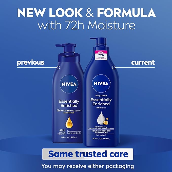 NIVEA Essentially Enriched Body Lotion for Very Dry Skin with Hyaluronic Acid,Almond Oil and Deep Nourishing Serum,72-Hour Body Moisturizer,16.9 Fl Oz Pump Bottle,(Pack of 4)
