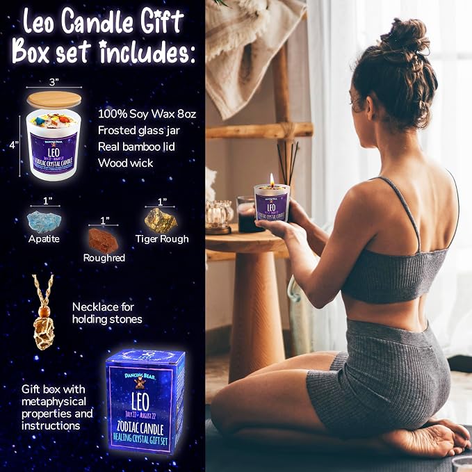 DANCING BEAR Leo Zodiac Candle Gift Box Set with 3 Healing Crystals & Stone Holder Necklace, 100% Soy Scented Wax, Crackling Wood Wick, 45 Hour Burn Time