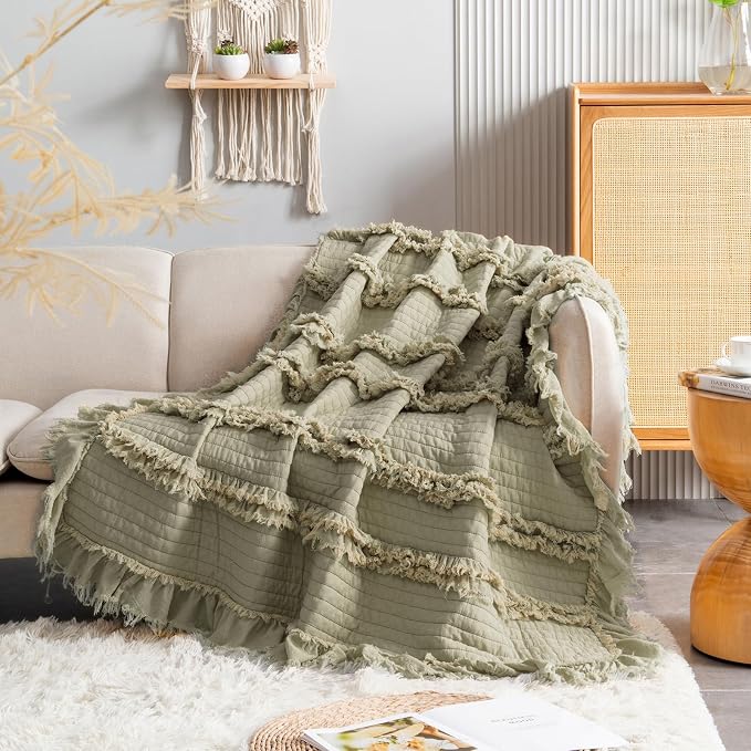Ultra Soft Pre-Washed Quilted Boho Sage Green Twin Size Blankets for Bed, Olive Green Ruffle Fringed Decorative Throw, Stone Washed Chic Rustic Blanket for Sofa Couch Bed, 60"*80"