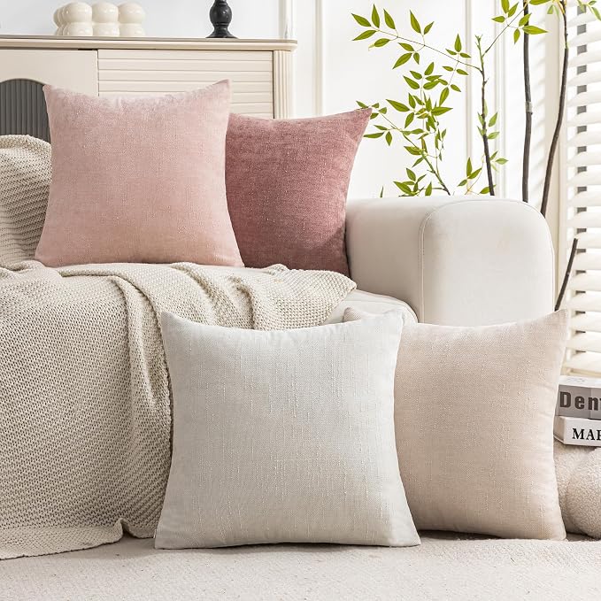 Set of 4 Soft Textured Decorative Throw Pillow Covers 16x16 Inch Cozy Farmhouse Cushion Cover Square Accent Pillow Cases for Bed Couch Sofa Living Room, White Beige Pink