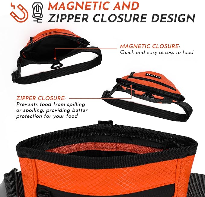 Dog Treat Pouch with Training Clicker, Treat Bag Fanny Pack with Magnetic and Zipper Closure Waterproof and Durable Treat Pouches for Pet Training Walking (Orange)