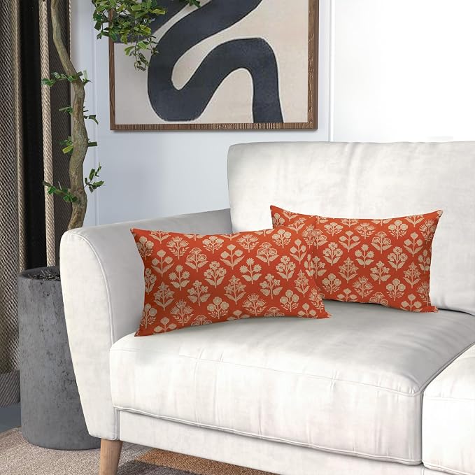 Dark Orange Pillow Covers 12x20 Inch Set of 2, Cream Floral Block Print Pattern Lumbar Decorative Throw Pillowcases Outdoor Farmhouse Rectangle Cushion Covers Spring Summer Sofa Couch Bed Decor