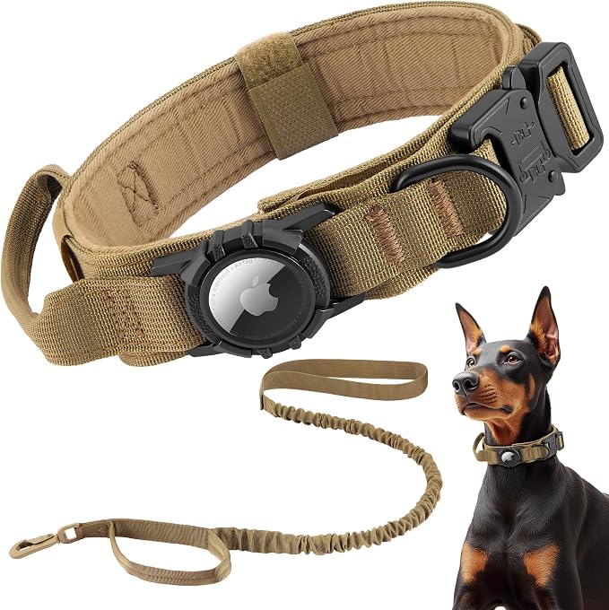 Tactical AirTag Dog Collar Leash Set - Heavy Duty, Adjustable GPS Collar