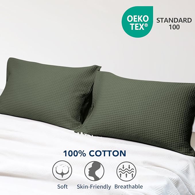 100% Egyptian Cotton Waffle Weave Pillowcases Standard Size 2 Pack | Ultra Soft Pillow Shams with Envelope Closure, Breathable Skin-Friendly Decorative Bed Pillow Case, Olive Green, 20"x26"